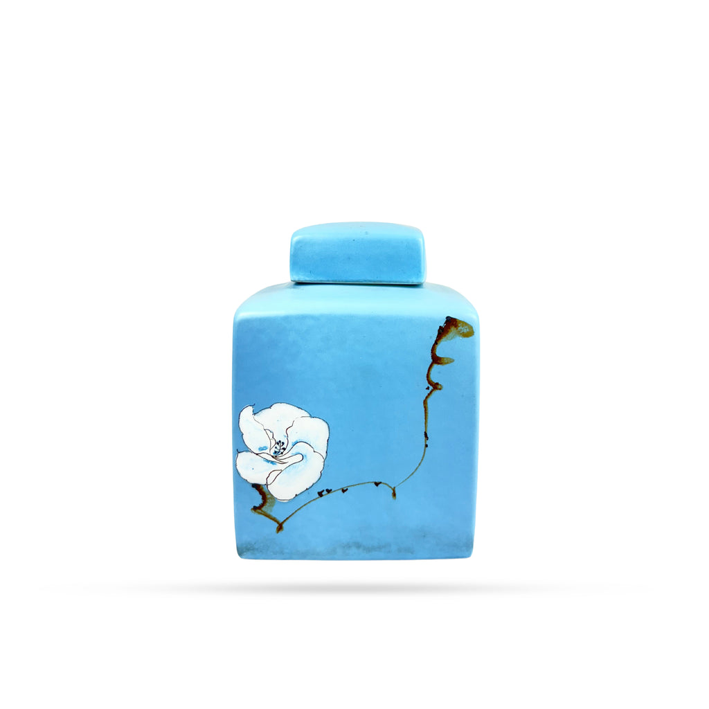 Sky Blue Square Ceramic Jar with Floral Art