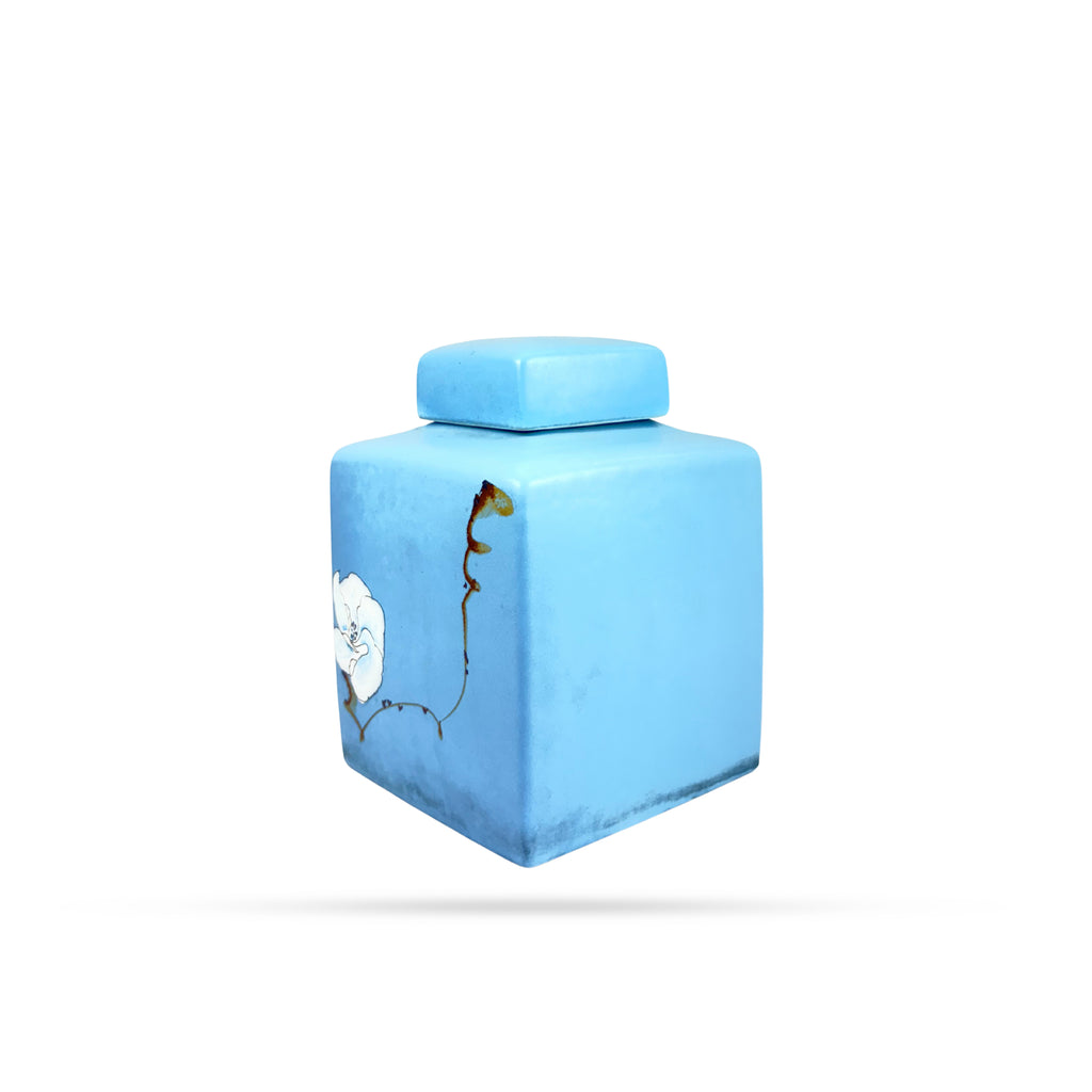 Sky Blue Square Ceramic Jar with Floral Art
