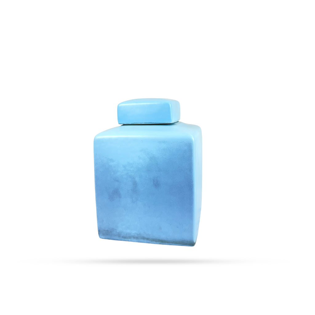 Sky Blue Square Ceramic Jar with Floral Art