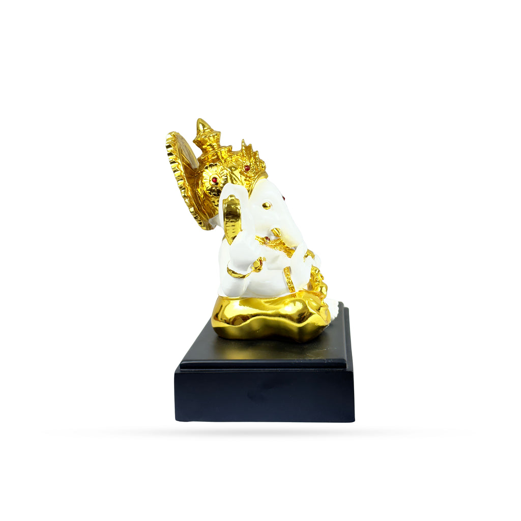 White & Gold Lord Ganesha Idol – Seated on Black Base