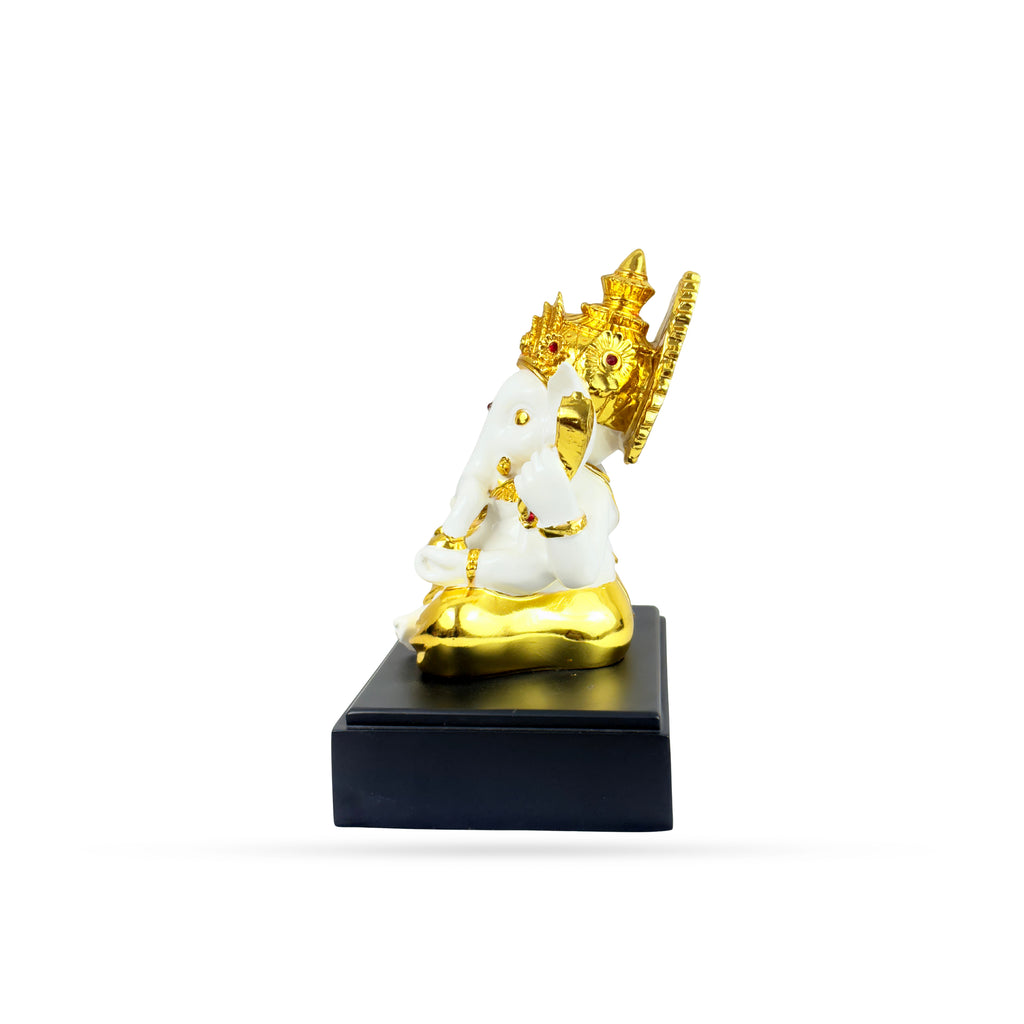 White & Gold Lord Ganesha Idol – Seated on Black Base