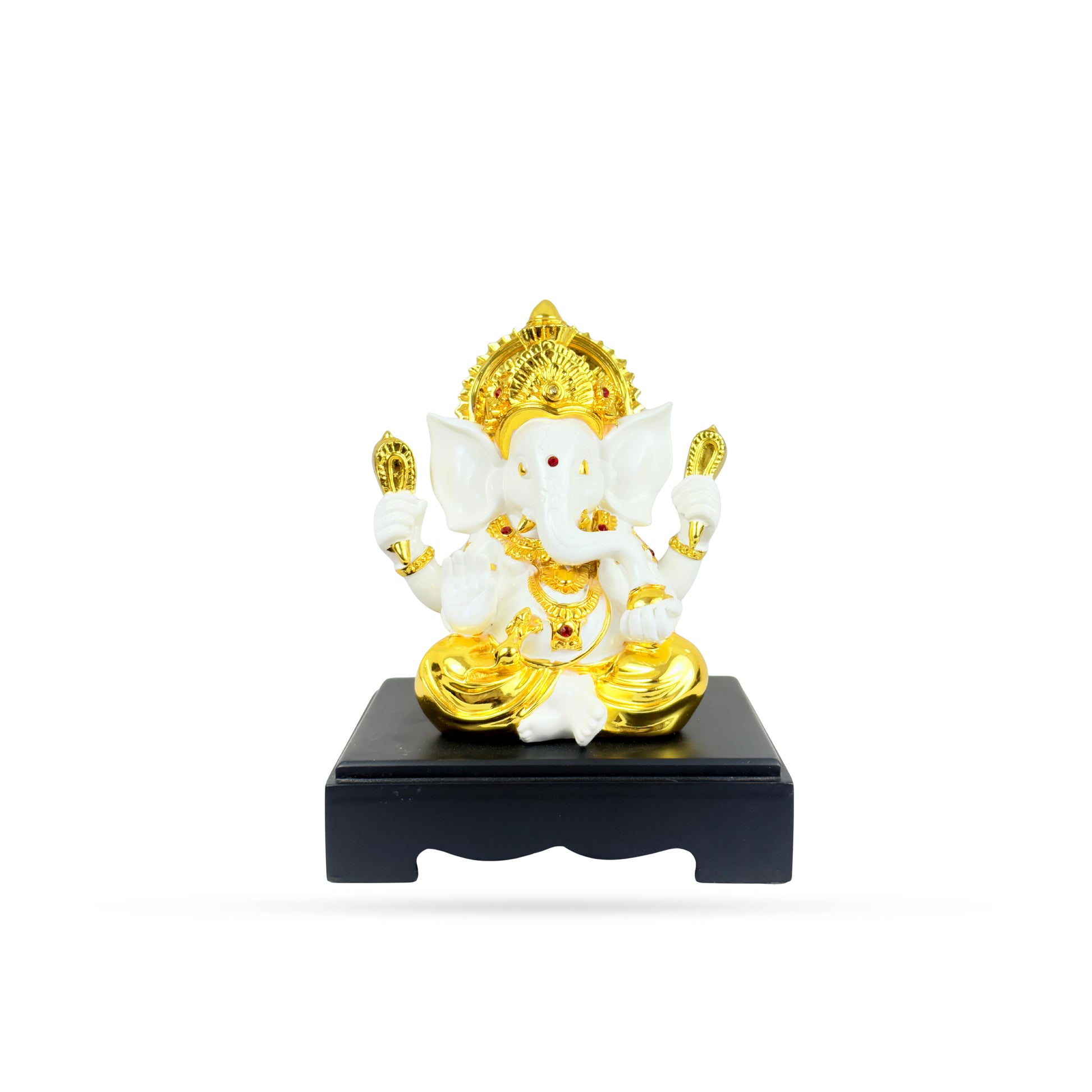 White & Gold Lord Ganesha Idol – Seated on Black Base