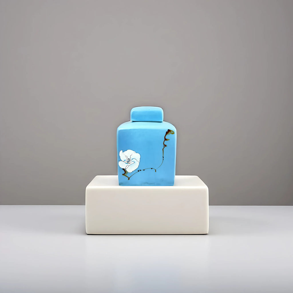 Sky Blue Square Ceramic Jar with Floral Art