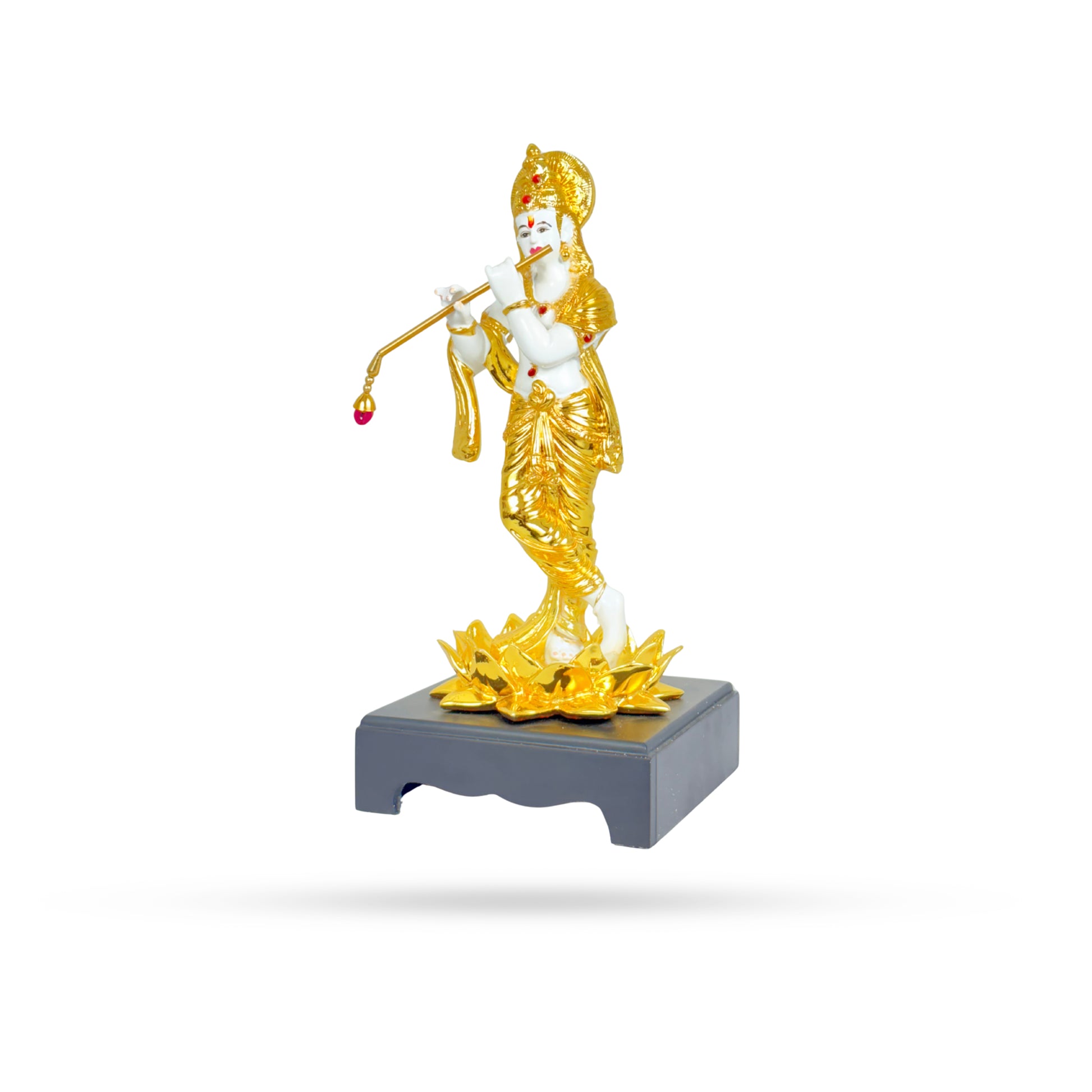 Golden Krishna Playing Flute – Divine Idol on Lotus Base