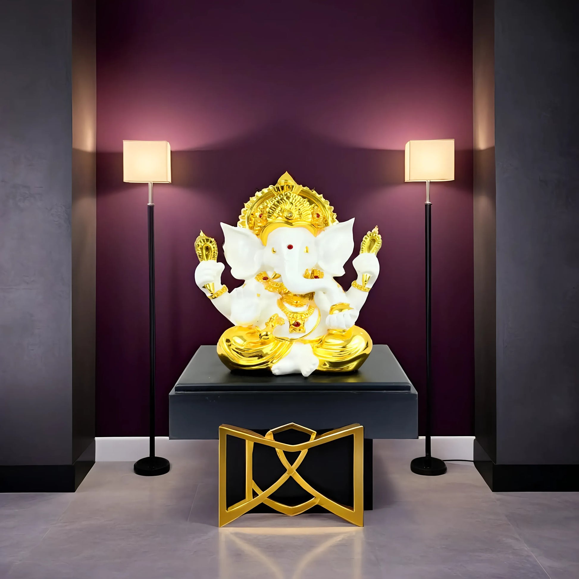 White & Gold Lord Ganesha Idol – Seated on Black Base