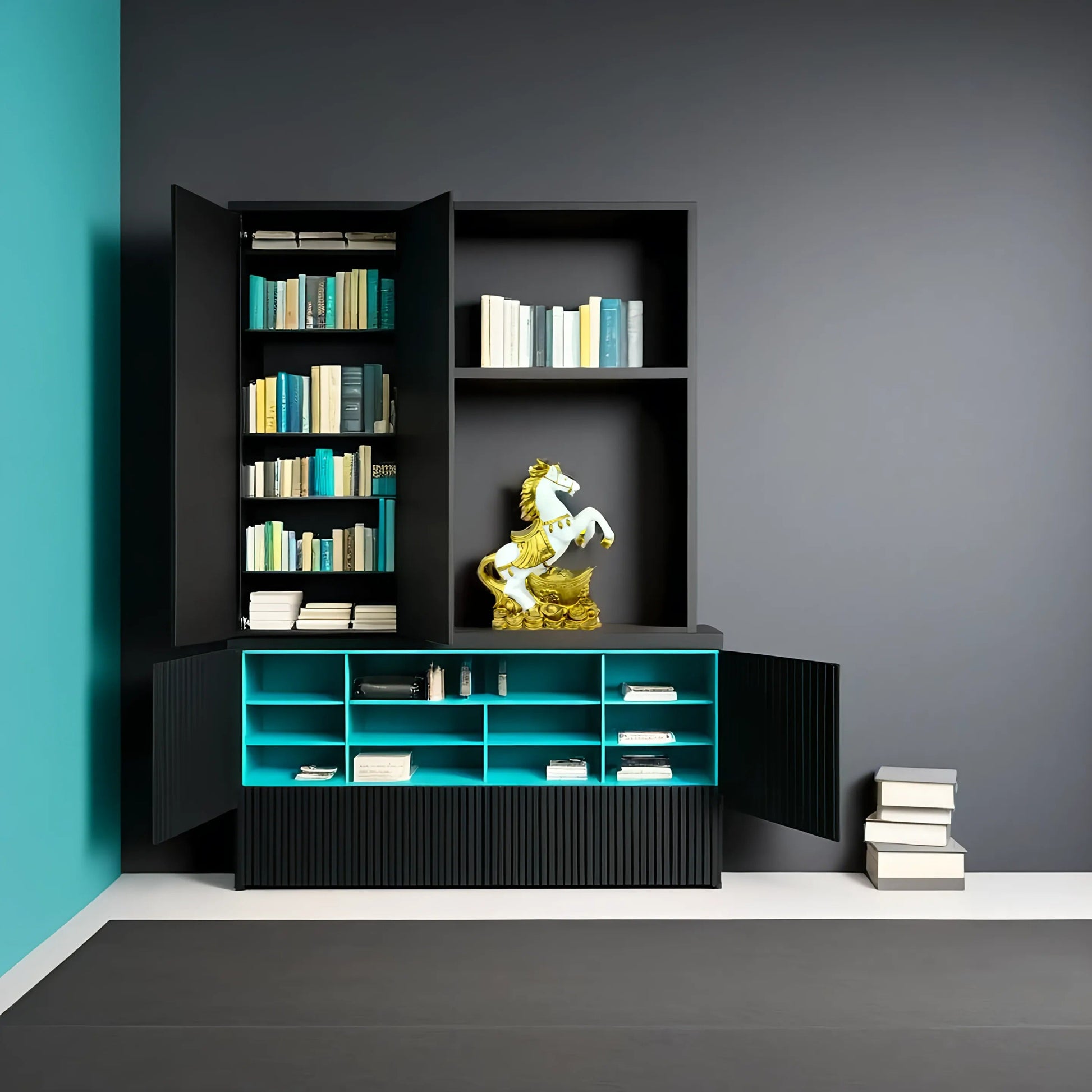 Modern black and blue bookshelf with decorative items against a gray wall.