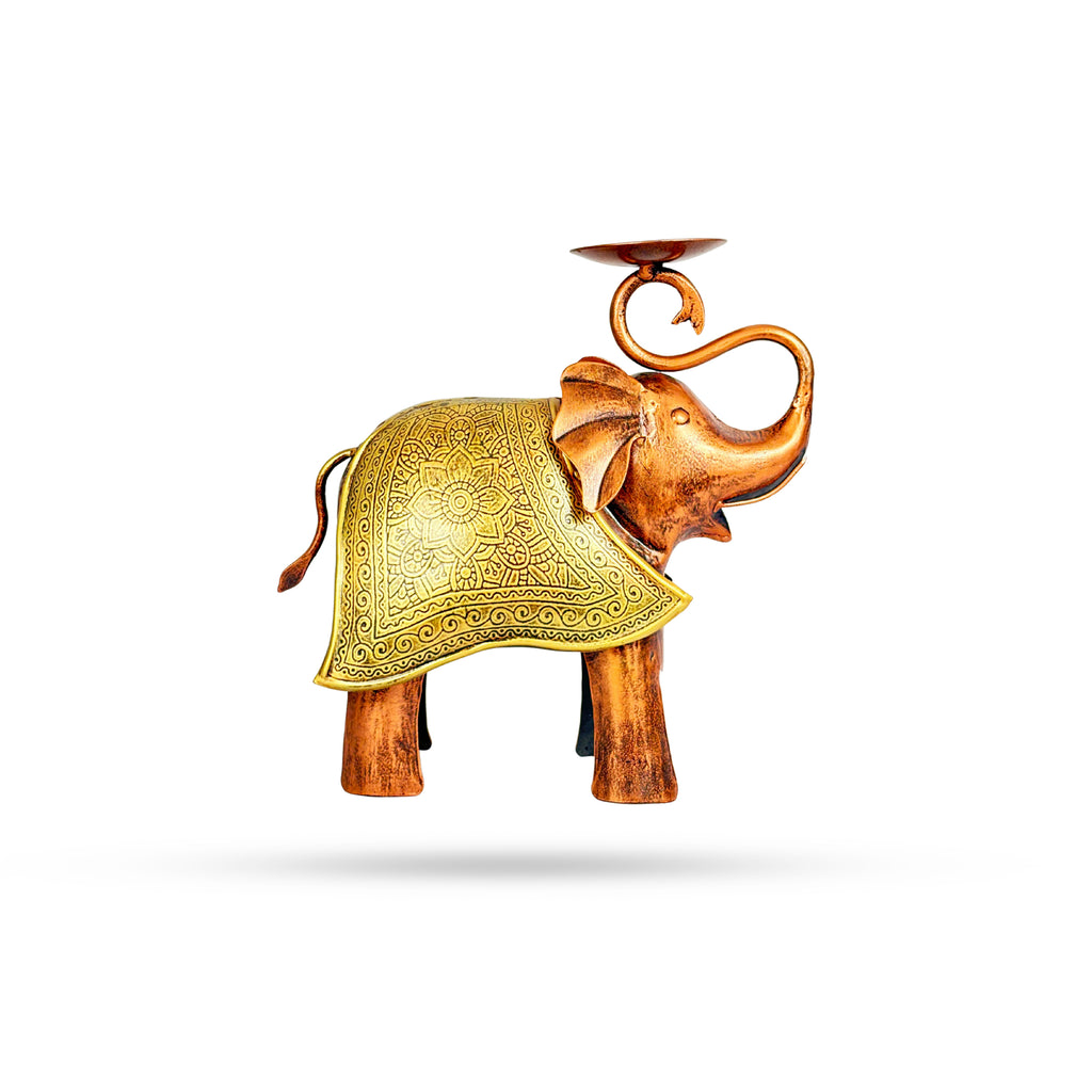 Royal Elephant Figurine with Candle Holder – Brass Accent Decor
