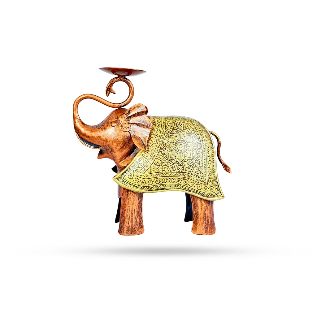 Royal Elephant Figurine with Candle Holder – Brass Accent Decor