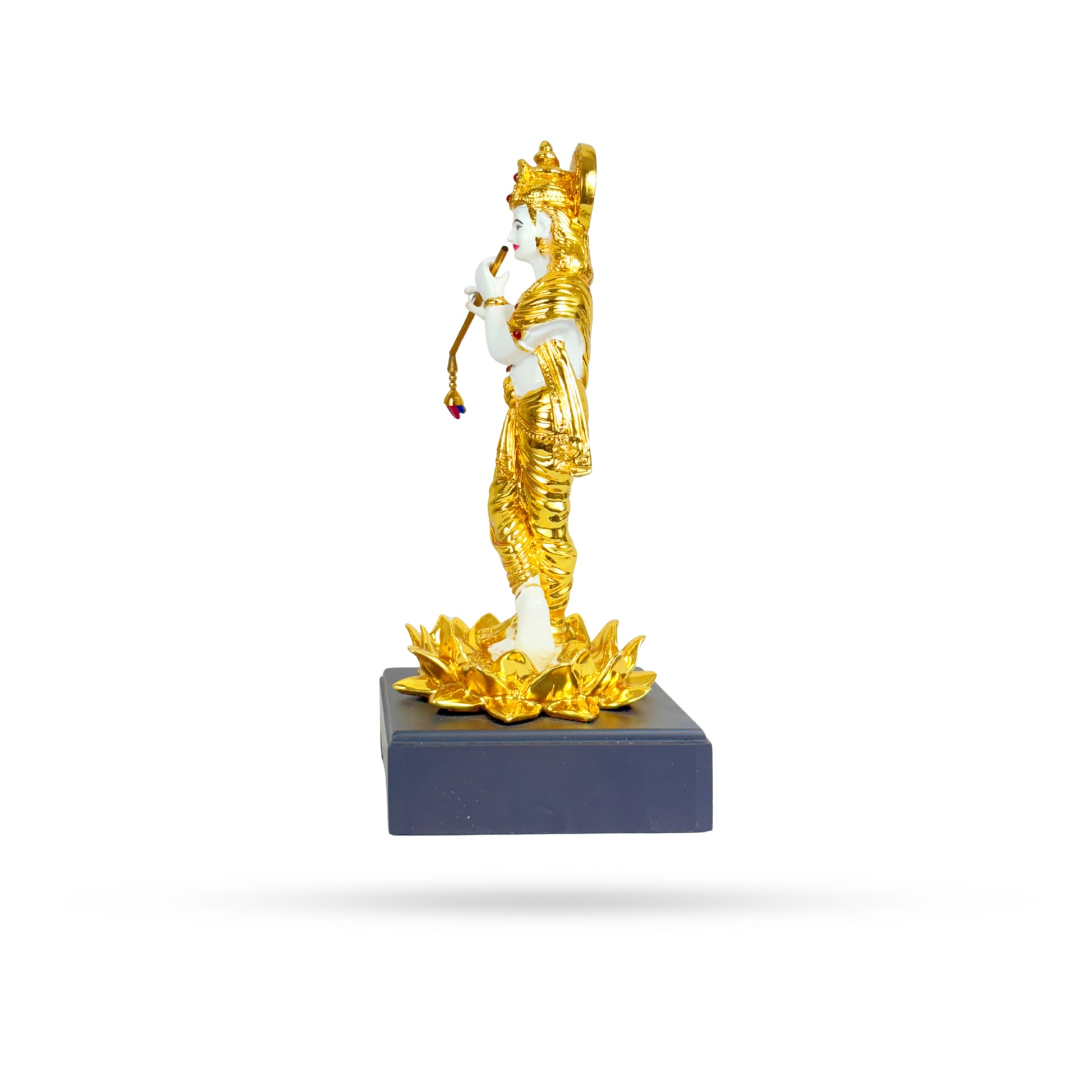 Golden Krishna Playing Flute – Divine Idol on Lotus Base