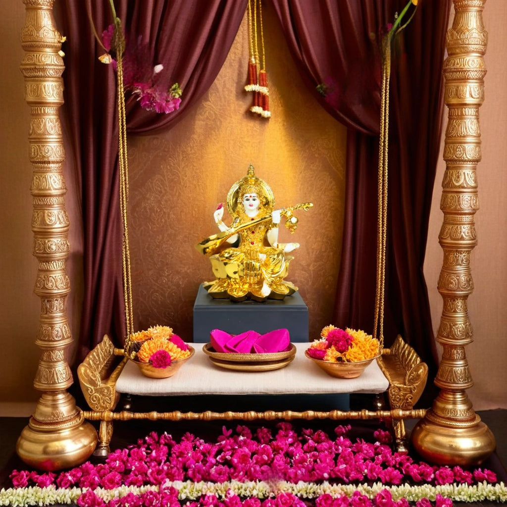 Goddess Saraswati Idol – Golden Veena Figurine