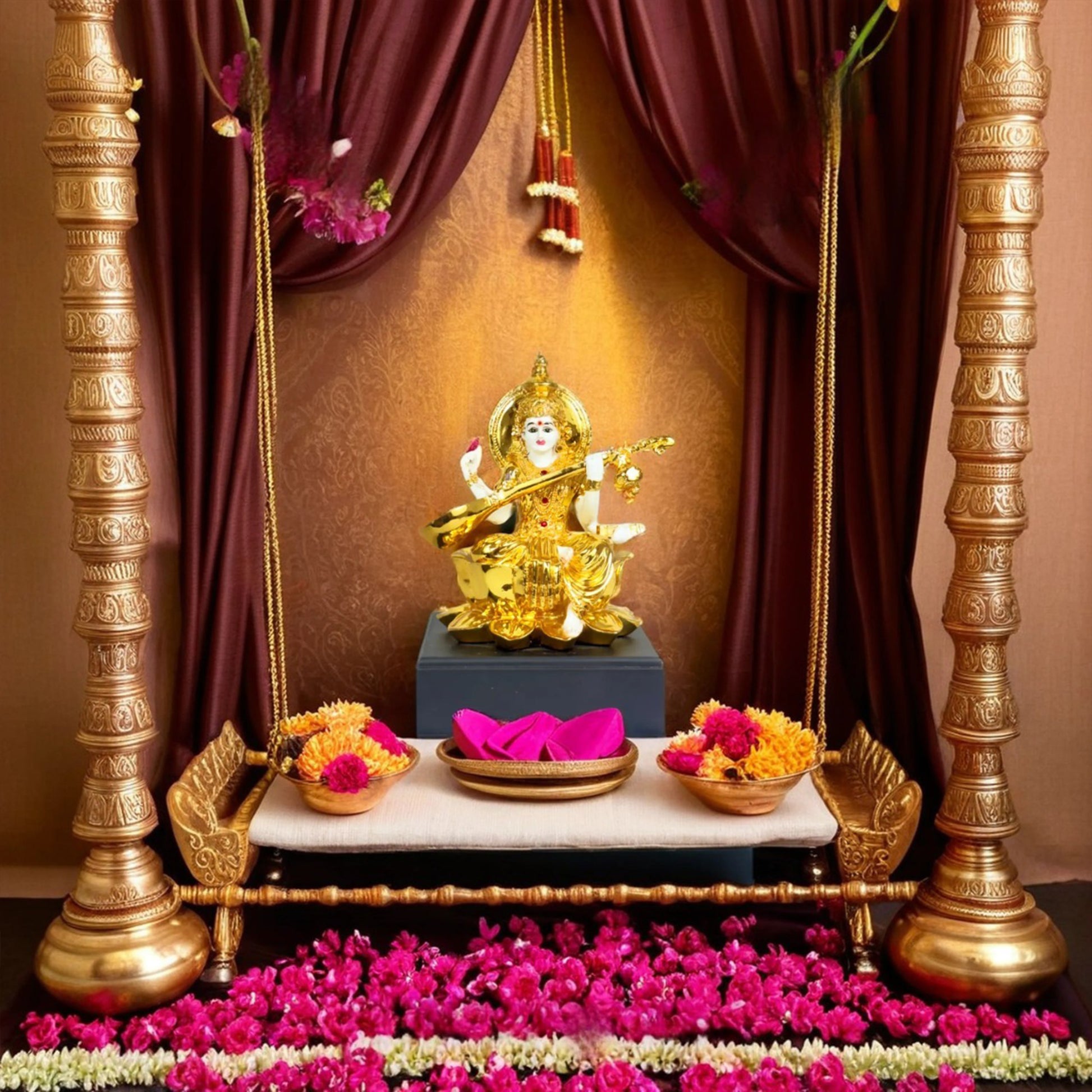 Goddess Saraswati Idol – Golden Veena Figurine