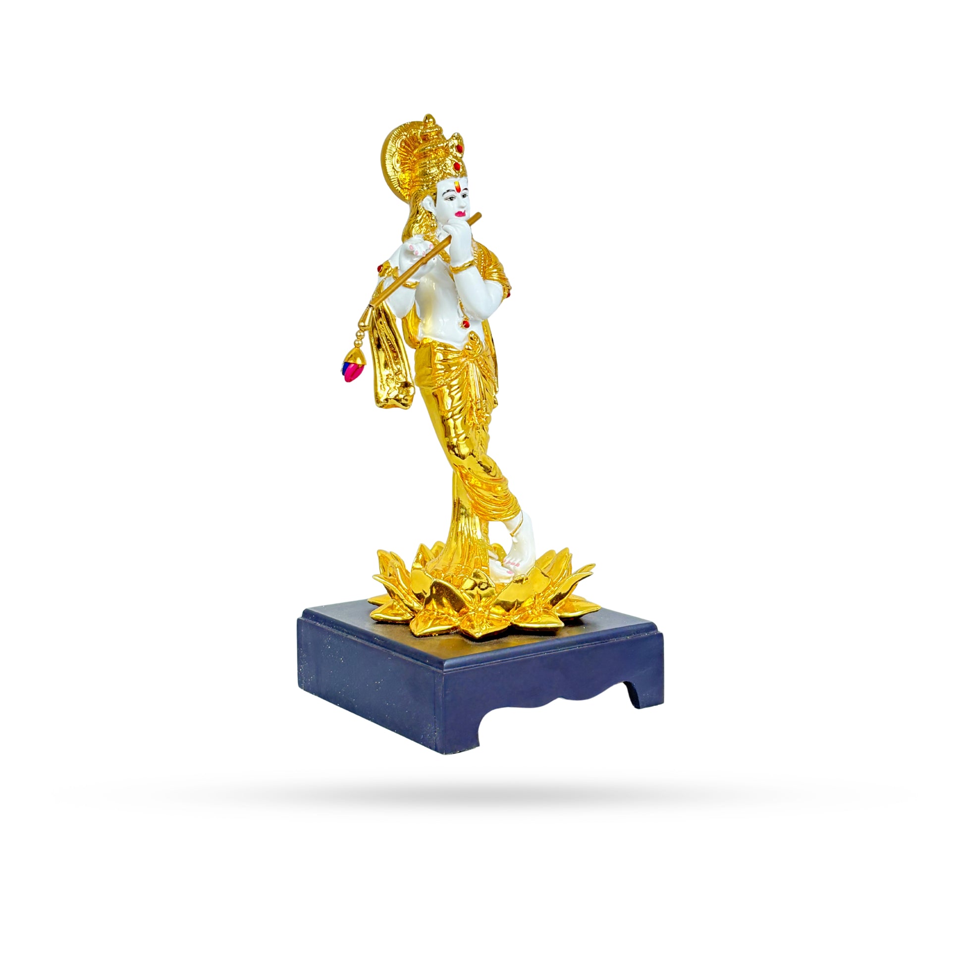 Golden Krishna Playing Flute – Divine Idol on Lotus Base