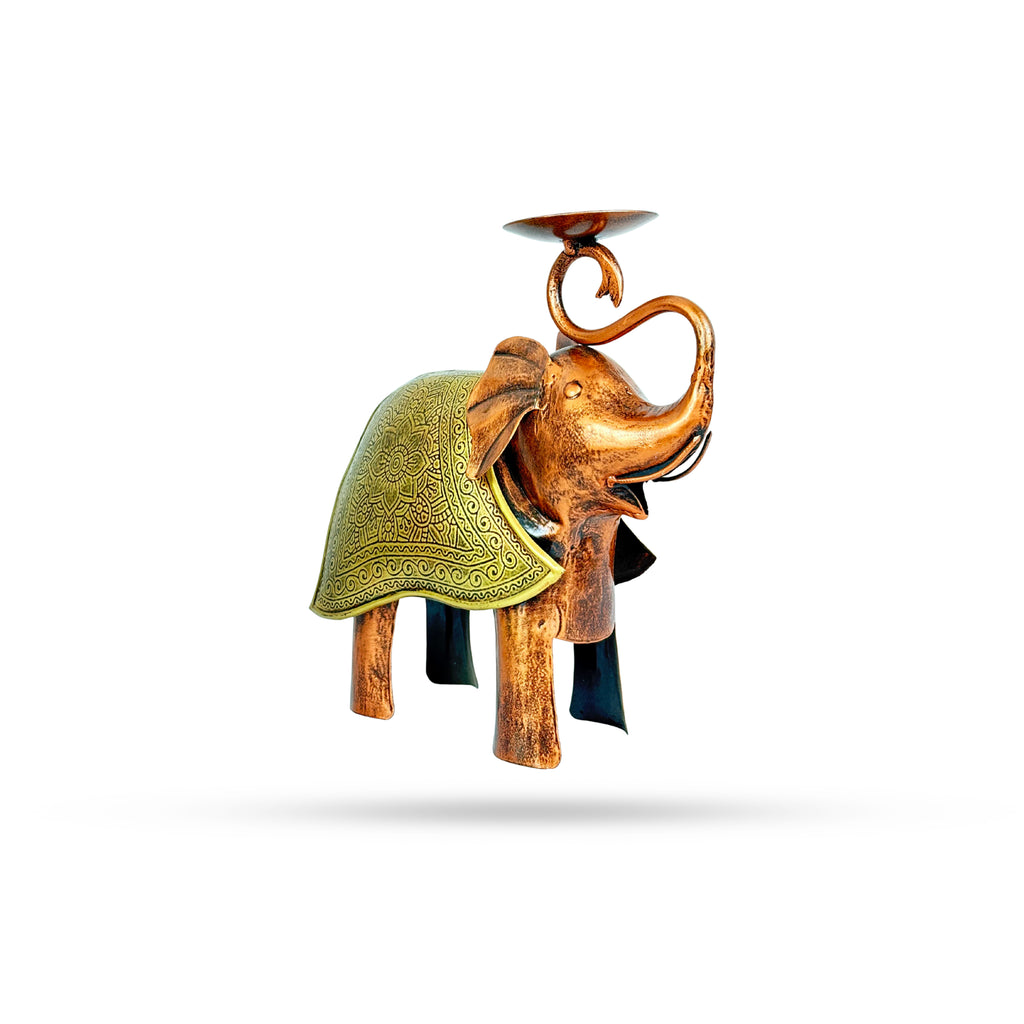 Royal Elephant Figurine with Candle Holder – Brass Accent Decor