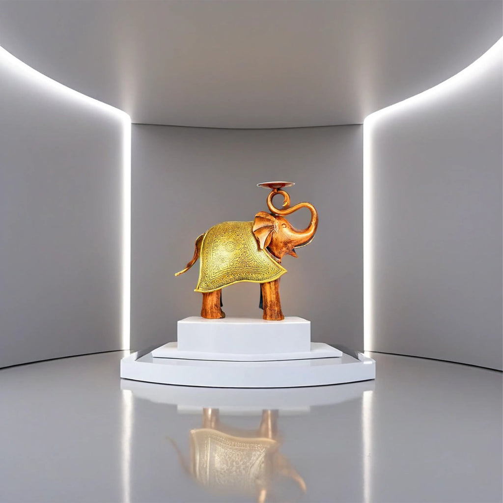 Royal Elephant Figurine with Candle Holder – Brass Accent Decor