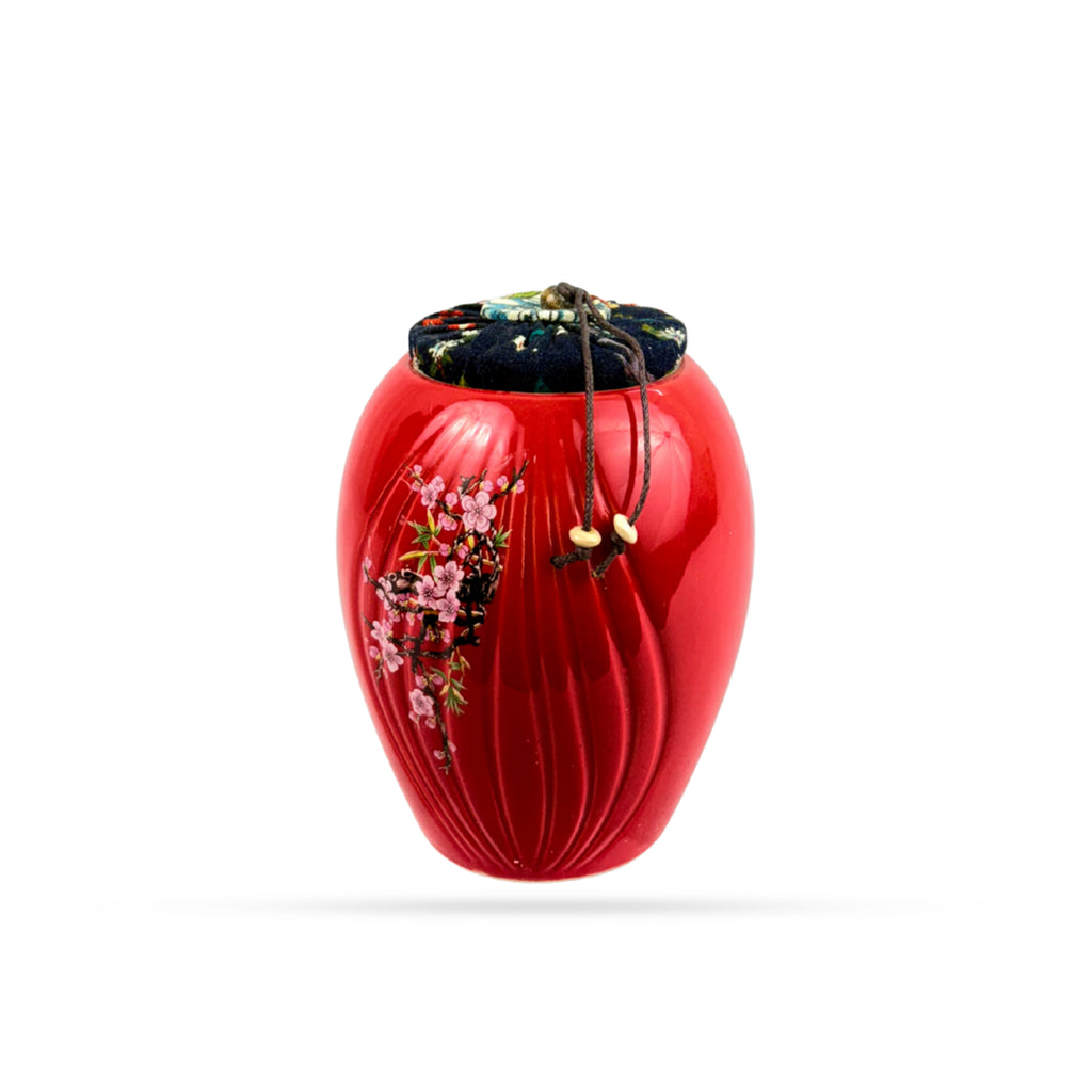 Red Floral Ceramic Storage Jar with Fabric Lid