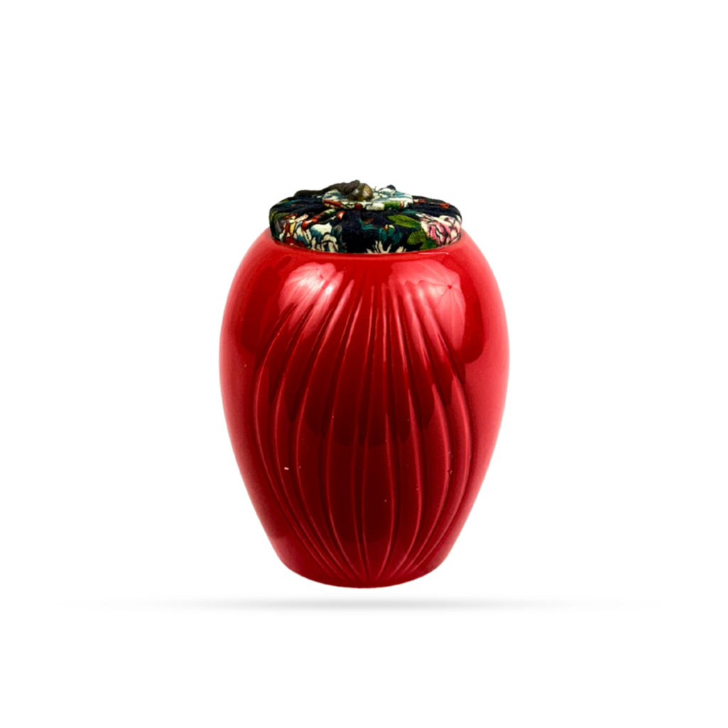 Red Floral Ceramic Storage Jar with Fabric Lid