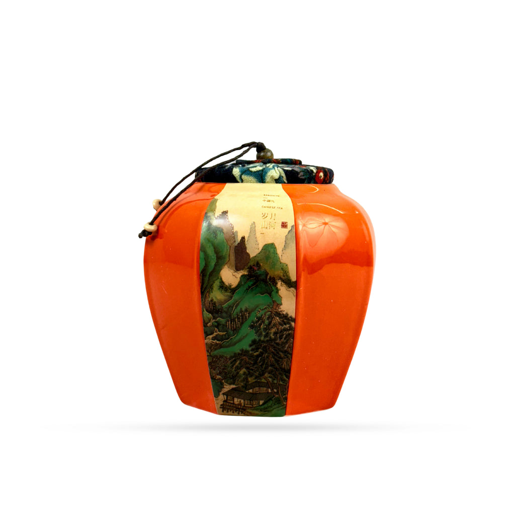 Oriental Orange Ceramic Jar with Scenic Art & Fabric Lid