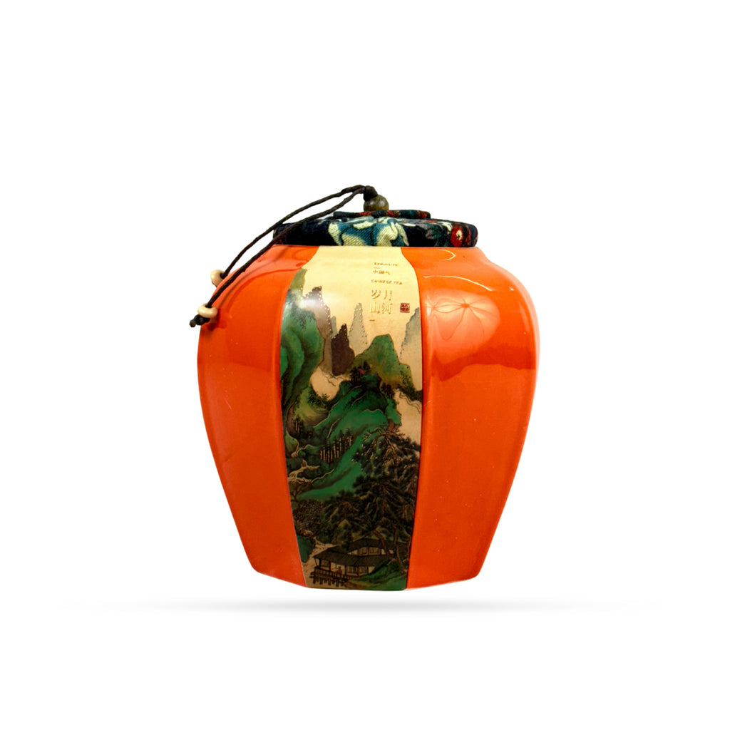 Oriental Orange Ceramic Jar with Scenic Art & Fabric Lid