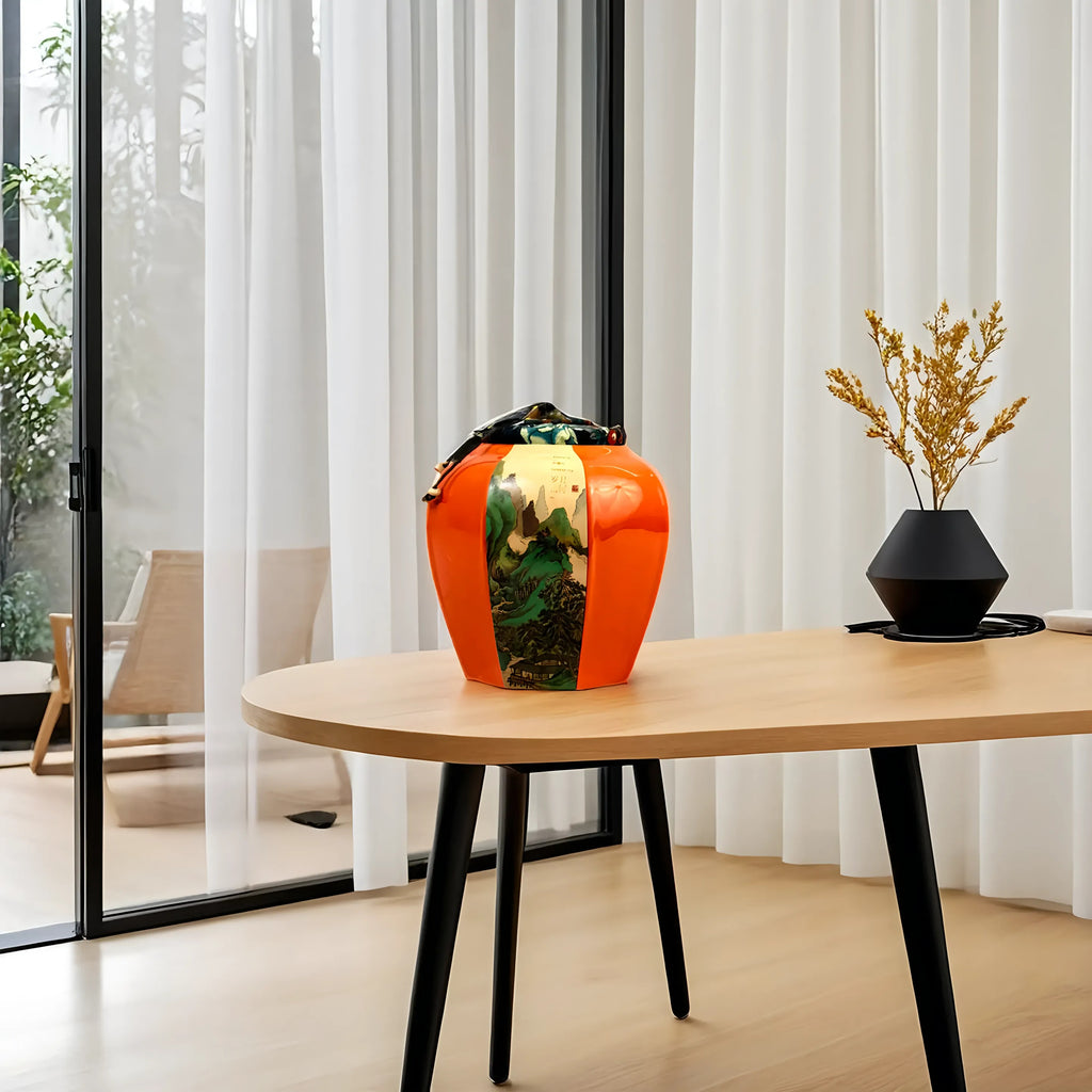 Oriental Orange Ceramic Jar with Scenic Art & Fabric Lid