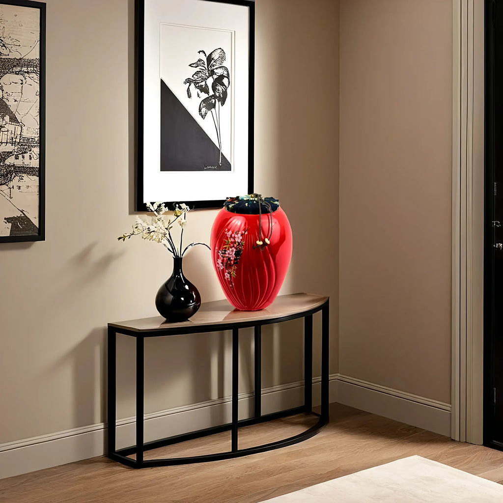 Red Floral Ceramic Storage Jar with Fabric Lid