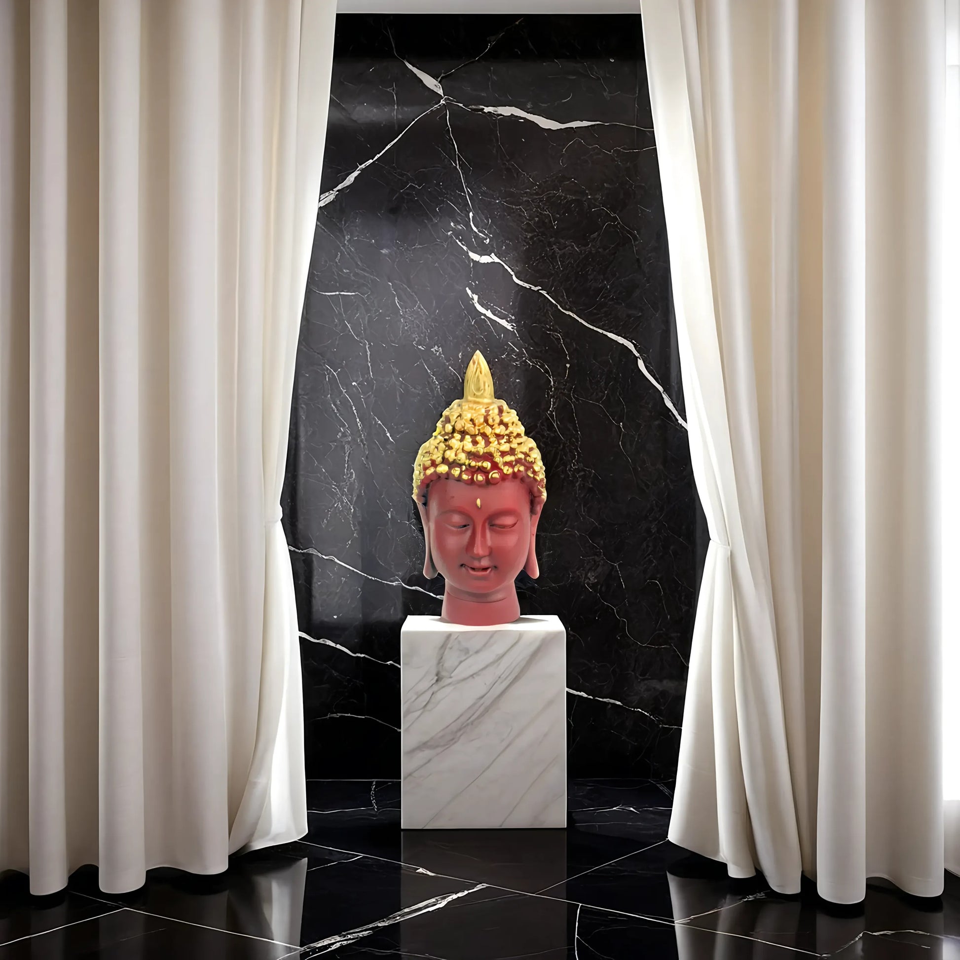 Buddha Head Showpiece – Back View with Gold Curls