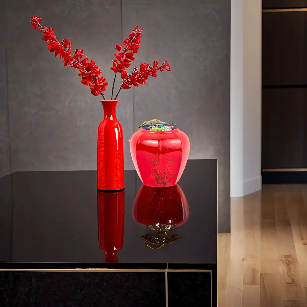 Minimal Red Ceramic Jar with Fabric Lid